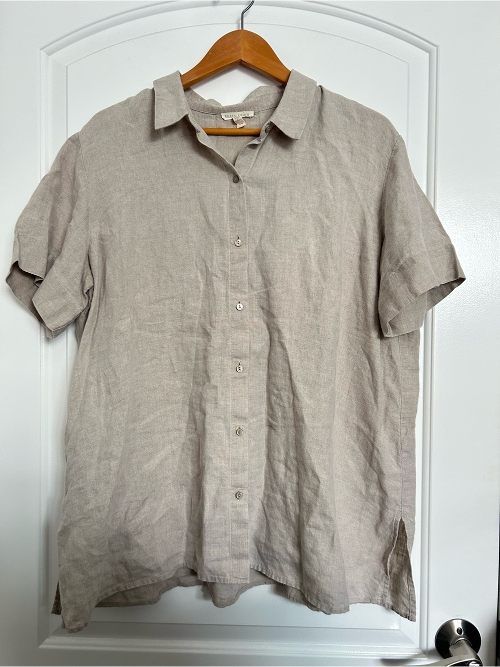 Eileen Fisher 100% Linen Beige Short-Sleeve Button-Down Shirt size XL coastal